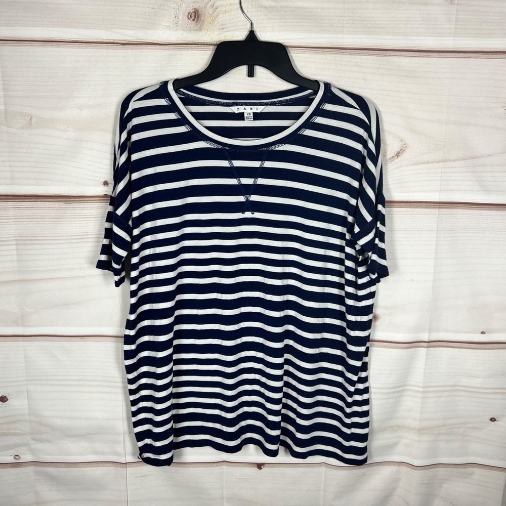 CAbi Top Womens XS Blue Striped Oversized T-Shirt Jersey Knit Short Sleeve Basic